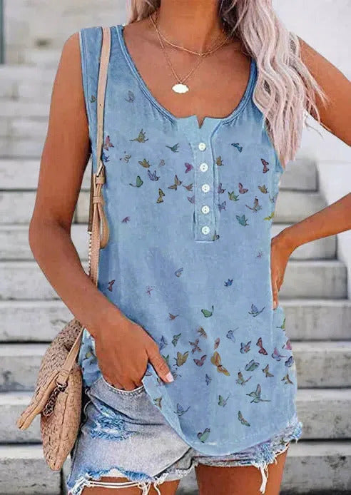 Comfysol Blue Casual Graphic Tops Round Neck Butterfly Printed Sleeveless Tank