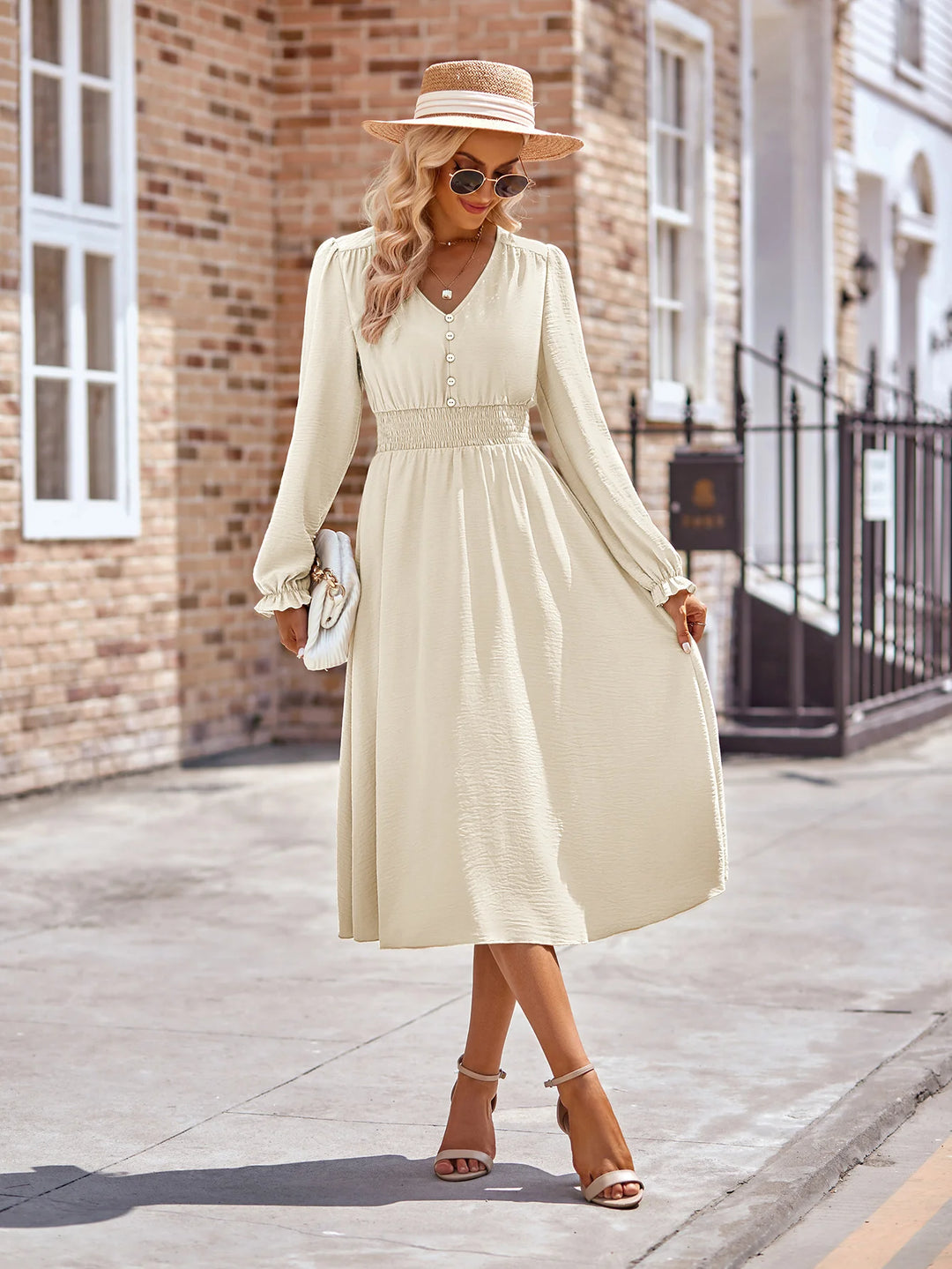 Comfy Elastic Waist V-Neck Long Sleeve Midi Dress