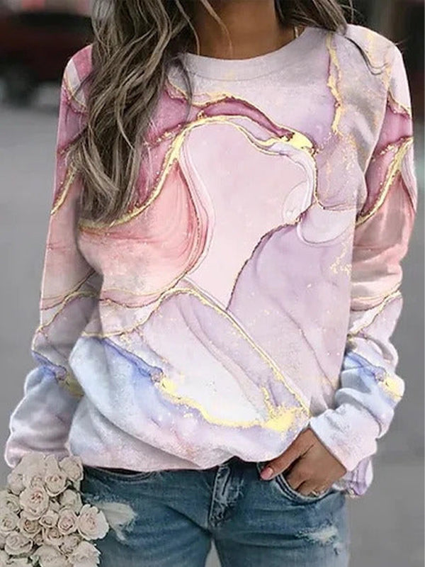 Comfysol Multicolor Casual Graphic Tops Round Neck Long Sleeve Marble Printed Sweatshirts