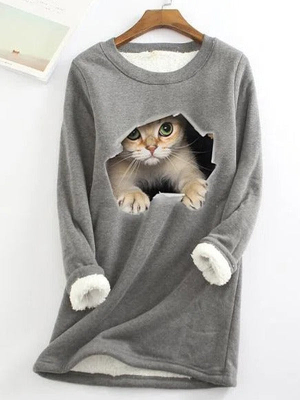 Comfysol Gray Casual Graphic Tops Round Neck Long Sleeve Cat Printed Fleece Sweatshirts