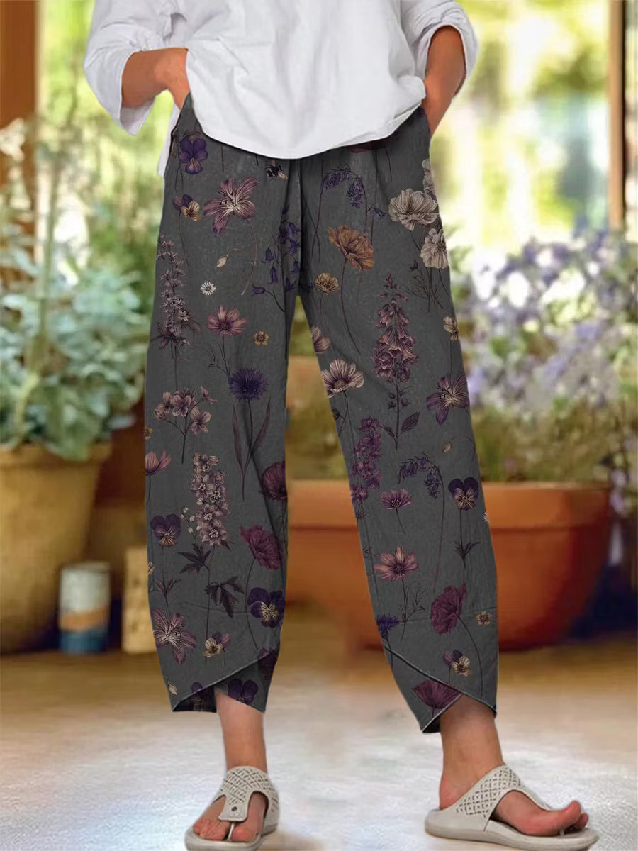 Women's Retro Floral Print Cotton Linen Casual Pants