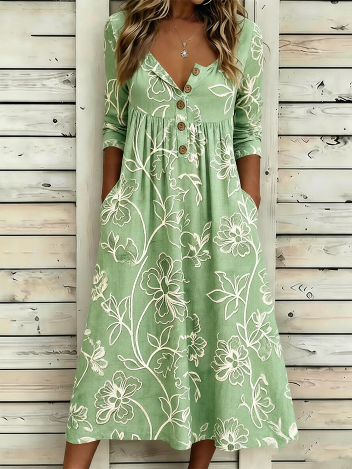 Vintage Floral Half-Open Collar Maxi Dress – Casual Boho A-Line Dress
