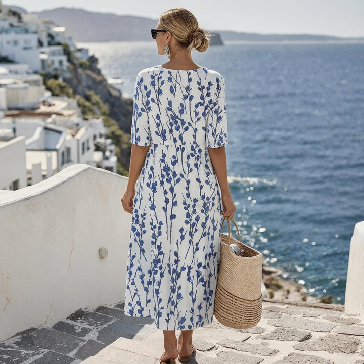 Coastal Blue Botanical Print Midi Dress