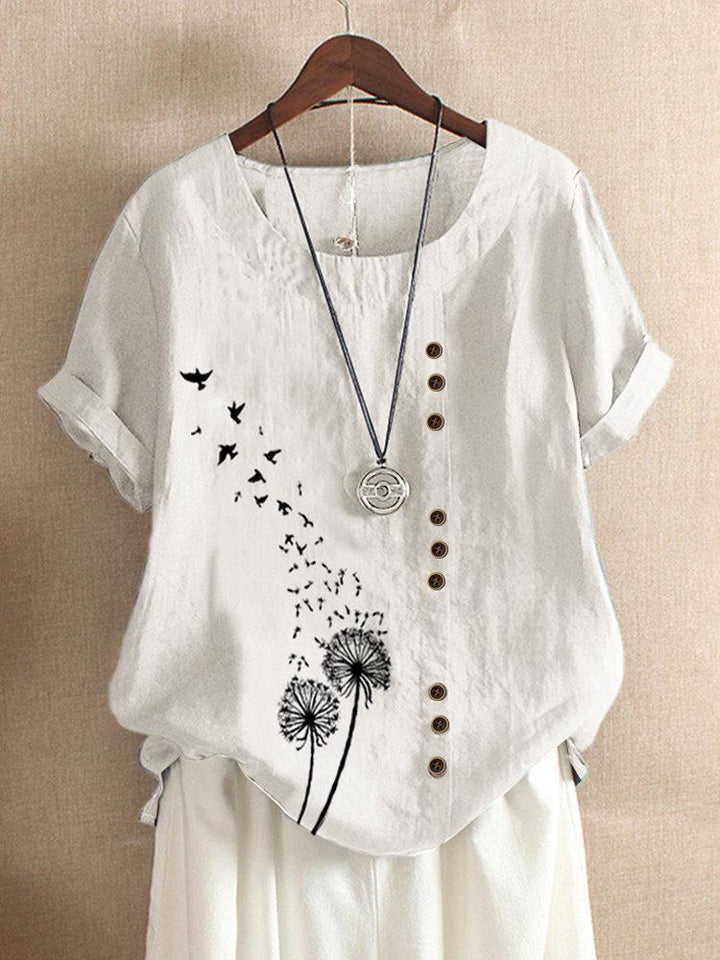 Comfysol Dandelion Print Short Sleeve Button Blouse