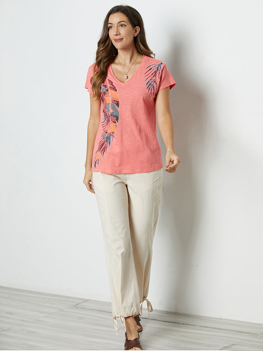 Comfysol Hot Coral Feather Print V-neck Short Sleeve Blouse