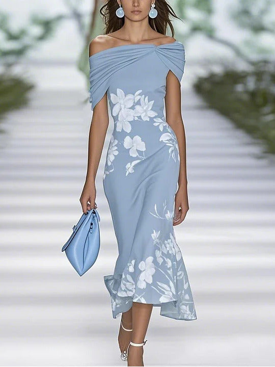 Women Floral Cap Sleeve Summer Printing Dress Cold Shoulder Daily Vintage Maxi H-Line Dress