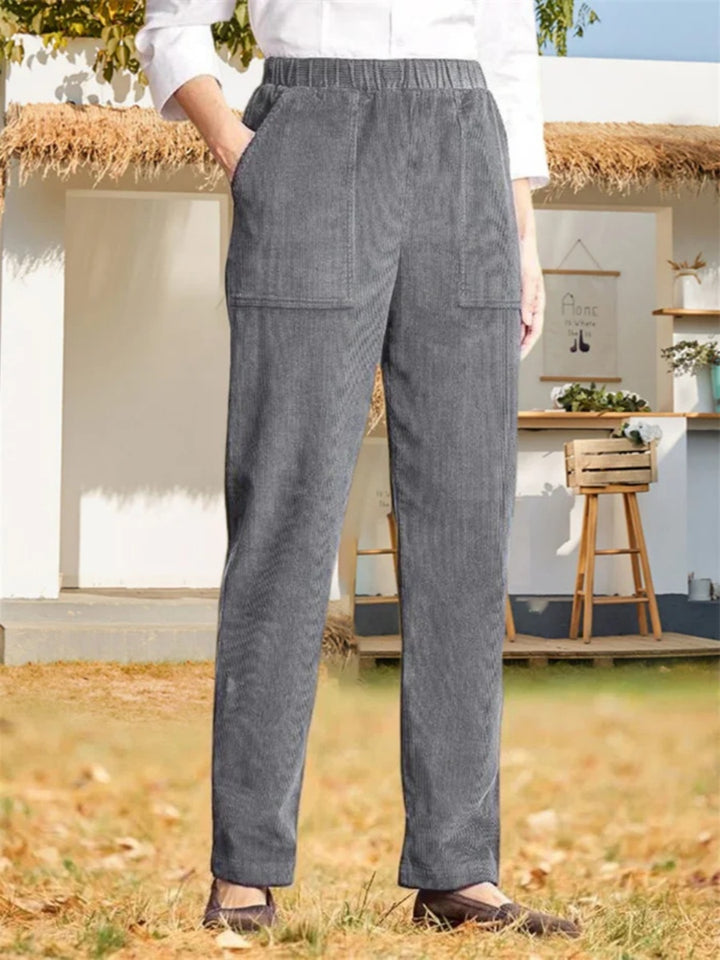 Comfysol Women's Solid Color Elastic Waist Casual Corduroy Straight Leg Pants