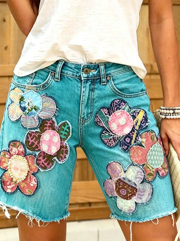 Women Ethnic Floral Print Denim Shorts