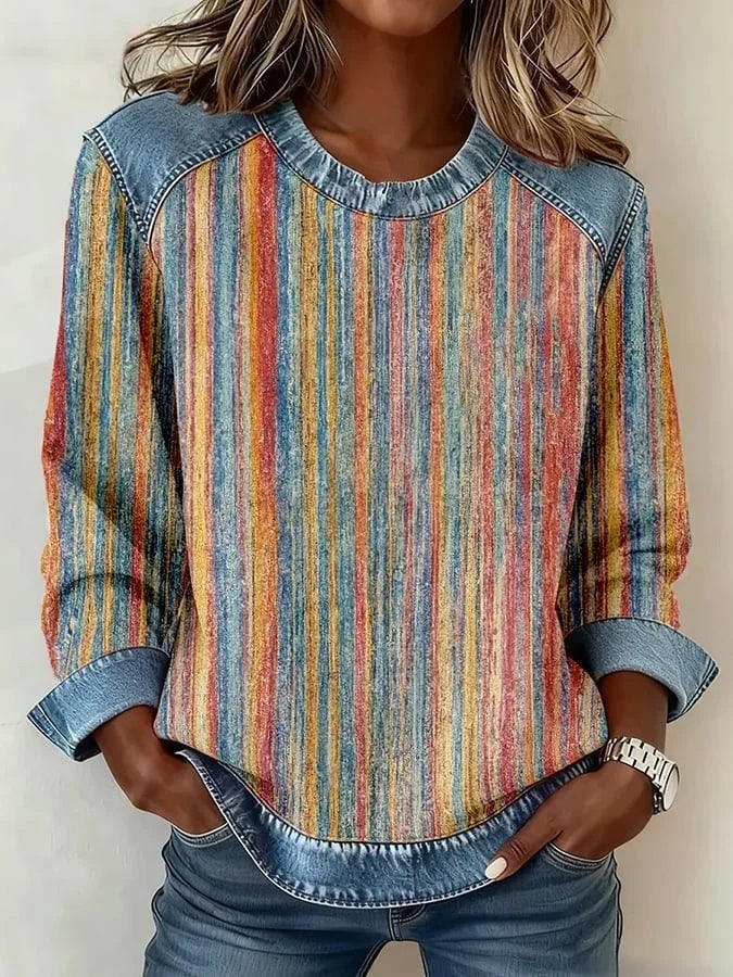 Women Abstract Stripes Crew Neck Printing Vintage Spring/Fall Long Sleeve Sweatshirt