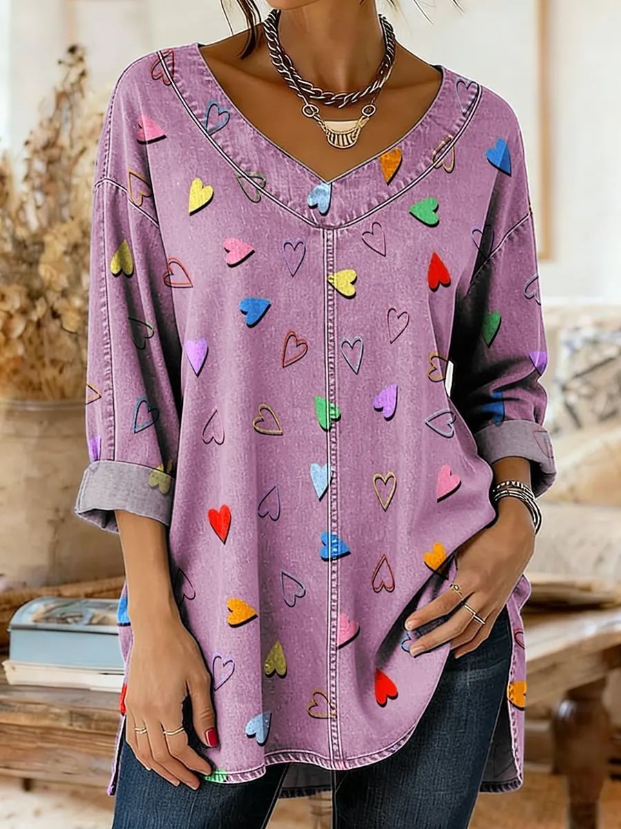 Women's Valentine's Day Heart Shape Art Print Casual Washed Denim Cotton Top