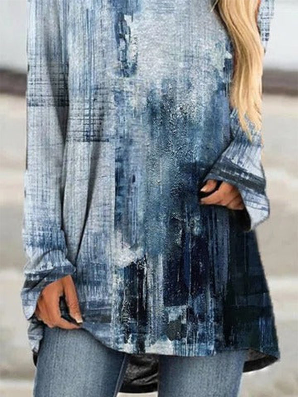 Comfysol Blue Casual Graphic Tops Round Neck Long Sleeve Vintage Printed Sweatshirts