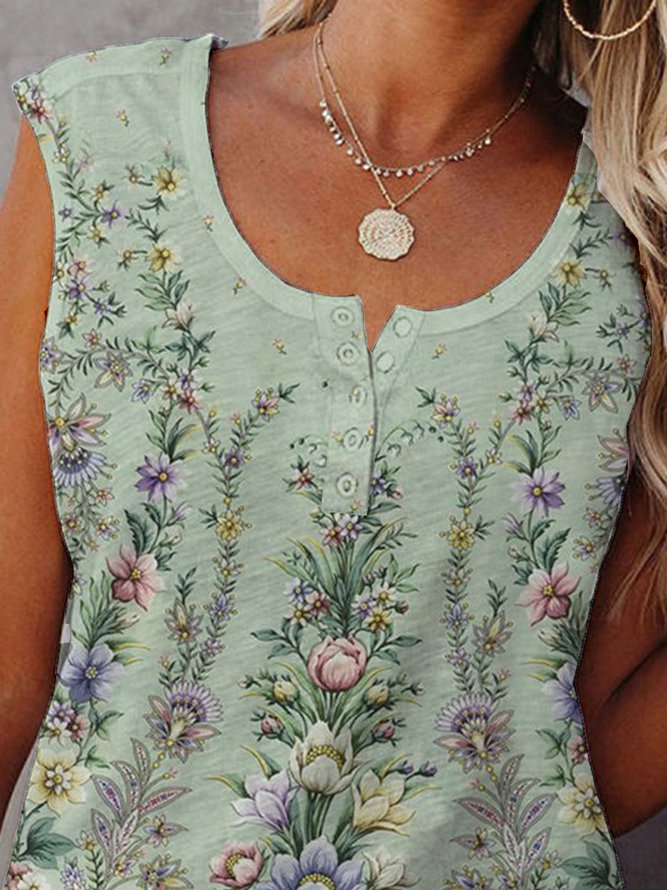 Comfysol Green Floral Printed Round Neck Sleeveless Tank Top