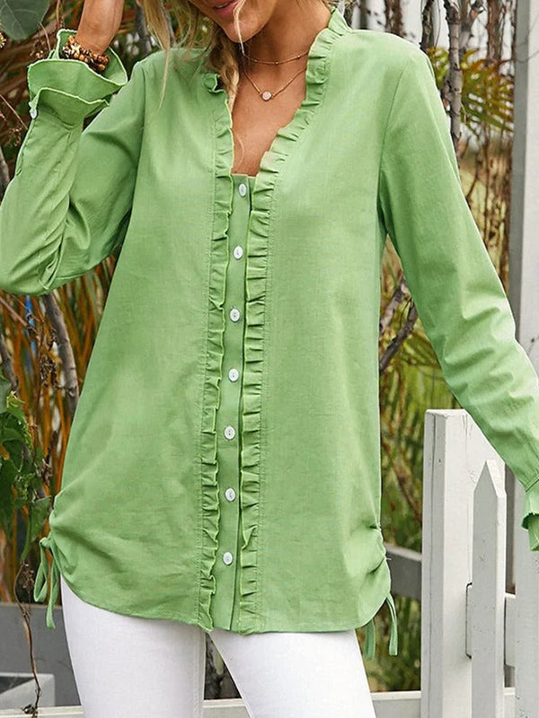 Comfysol Green Casual V-neck Long Sleeve Solid with Buttons Blouse