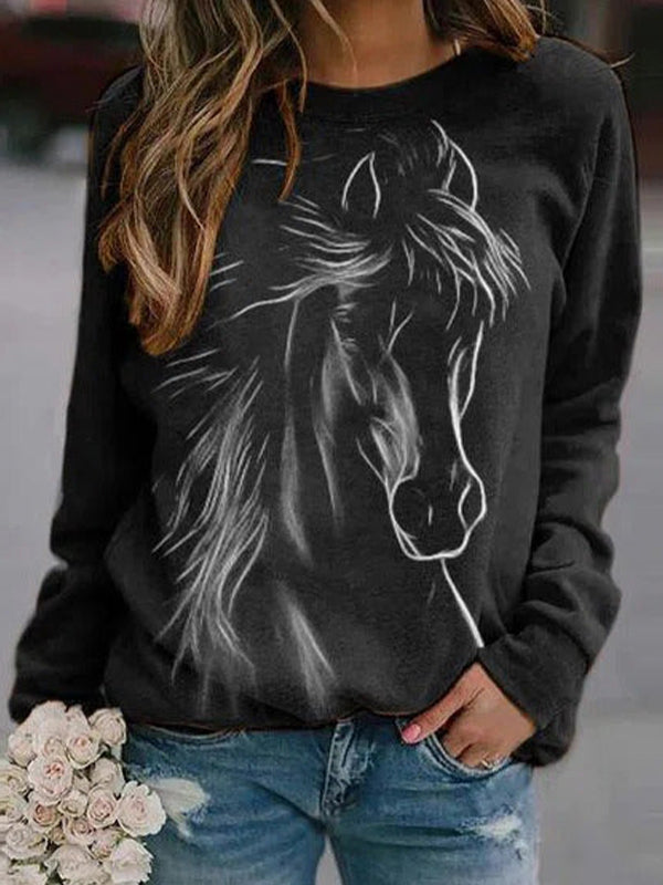 Comfysol Black Casual Round Neck Long Sleeve Horse Printed Sweatshirts