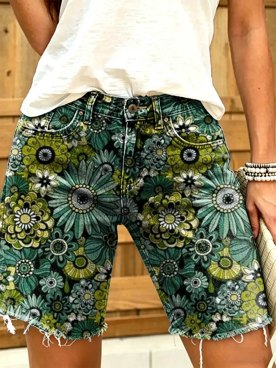 Women's Vintage Floral Print Denim Shorts