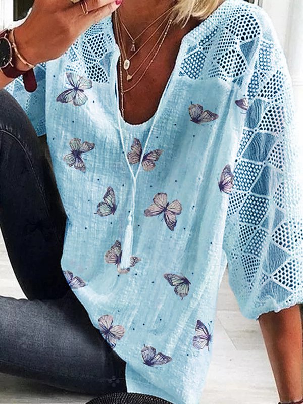 Comfysol Butterfly Printed Floral Short Sleeve V Neck Casual Blouse