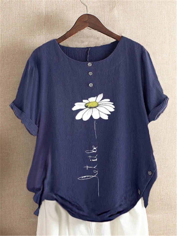 Comfysol Casual Floral Print Cotton Short Sleeve Blouse