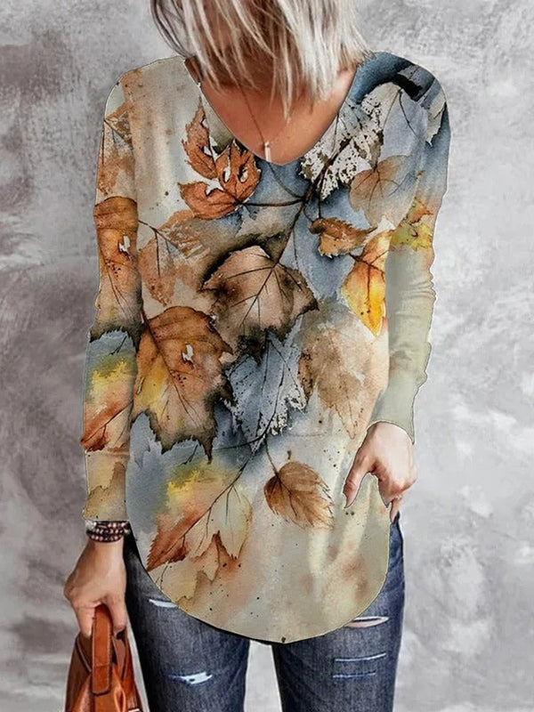 Comfysol Multi Casual V-neck Long Sleeve Leaves Printed Blouse
