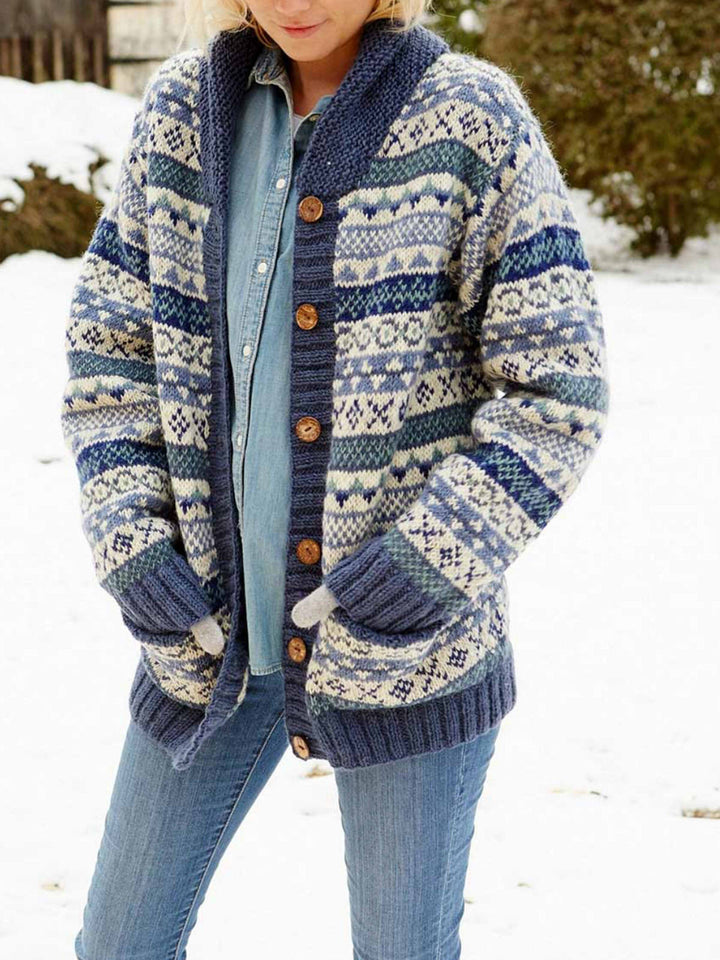 Comfysol Women's Hand Knitted Shawl Collar Fair Isle Cardigan