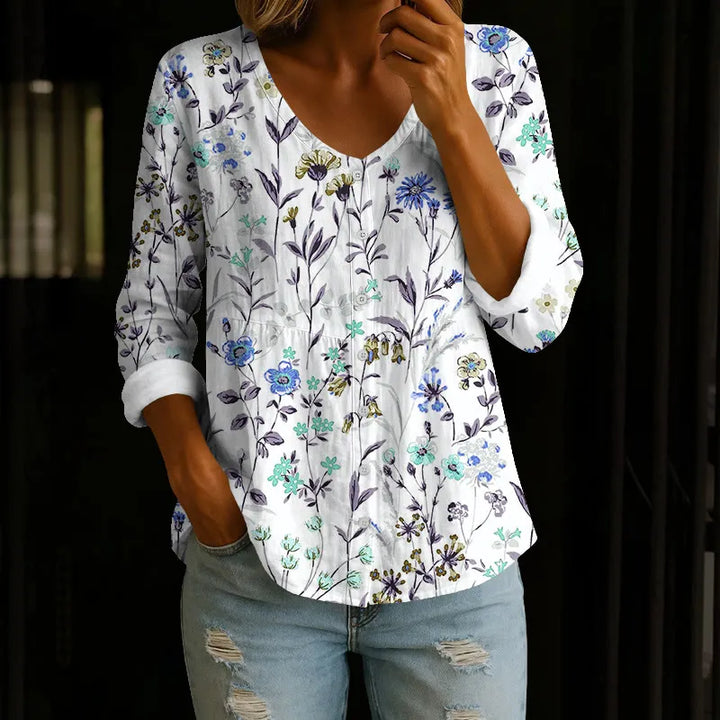 PASTORAL WATERCOLOR FLOWERS AND PLANTS PRINT BUTTON V-NECK A-LINE LONG SLEEVE BLOUSE