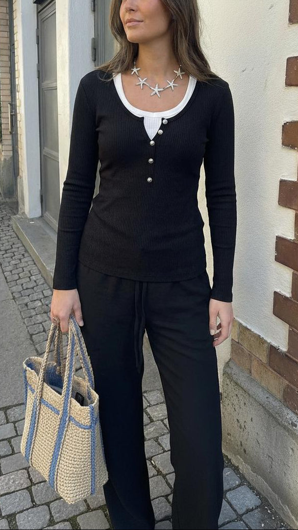 Black White Trimmed Collar & Hem Long Sleeve Top