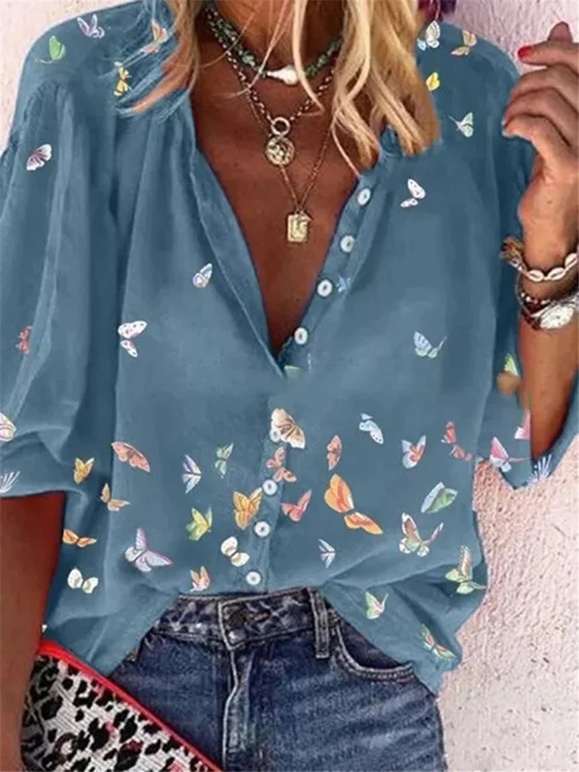 Comfysol Peacock Casual V Neck Butterfly Printed Long Sleeve Blouse
