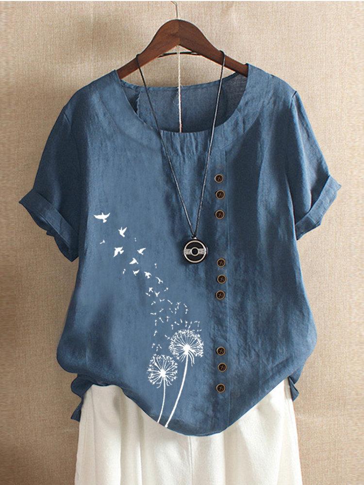 Comfysol Dandelion Print Short Sleeve Button Blouse