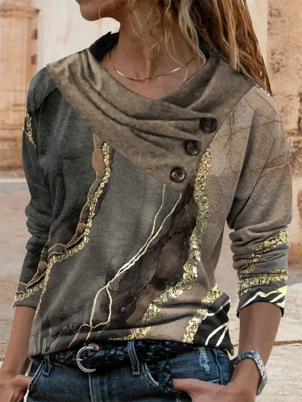 Comfysol Brown Casual V Neck Printed Long Sleeve Blouse