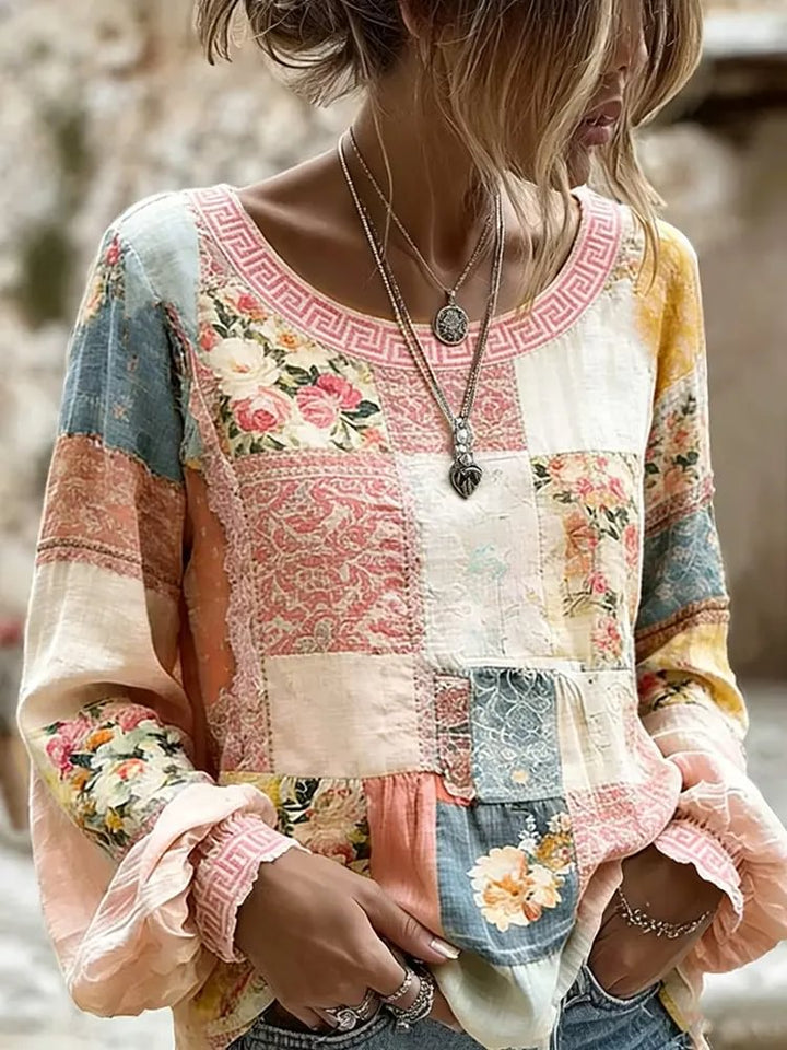 Women's Vintage Floral Patchwork Print Cotton Long Sleeve Top