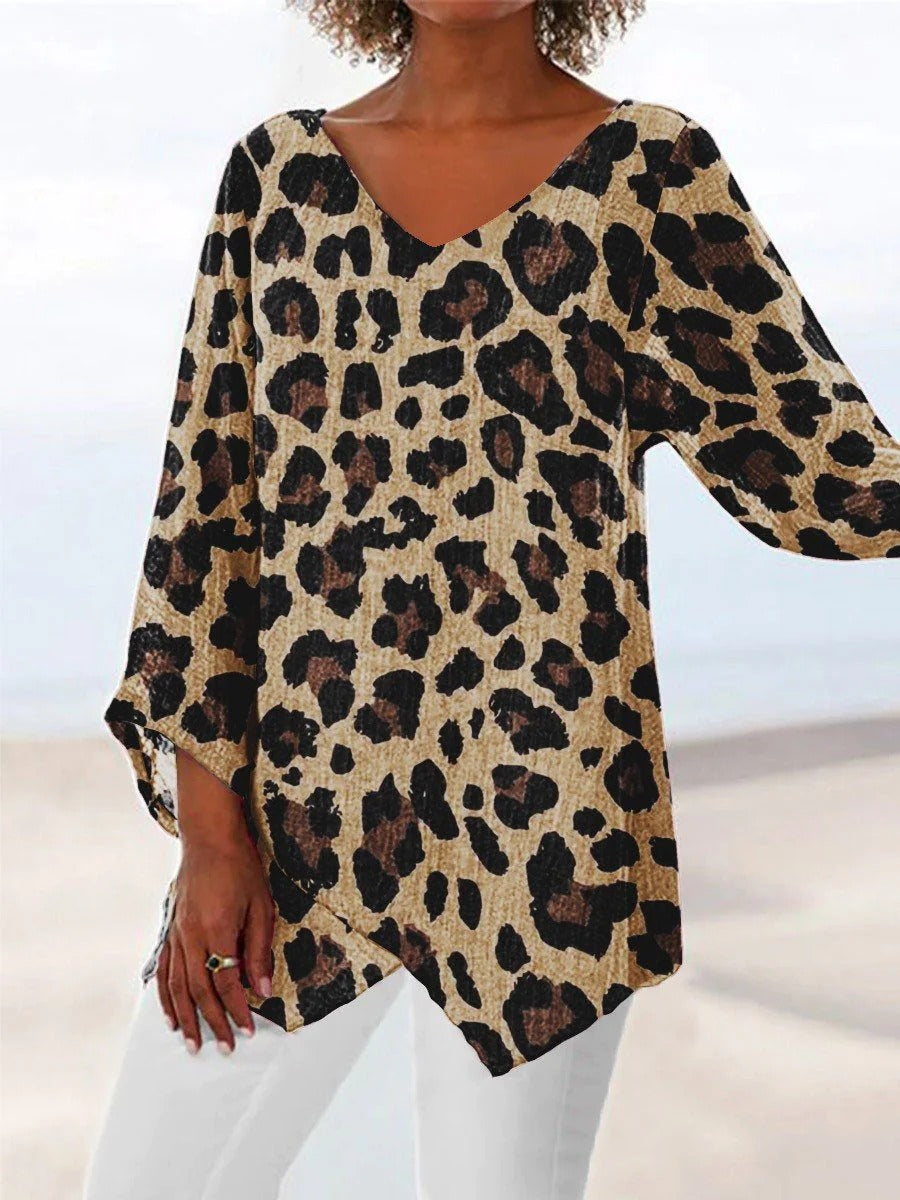 Comfysol Colorful Casual V Neck Leopard Printed Long Sleeve Blouse