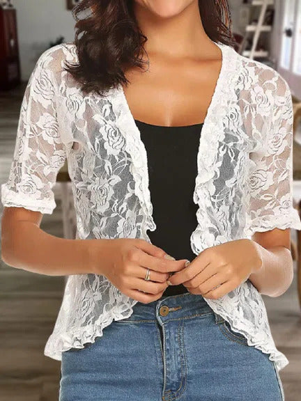 Comfysol White Casual Lace Printed Half Sleeve Cardigan
