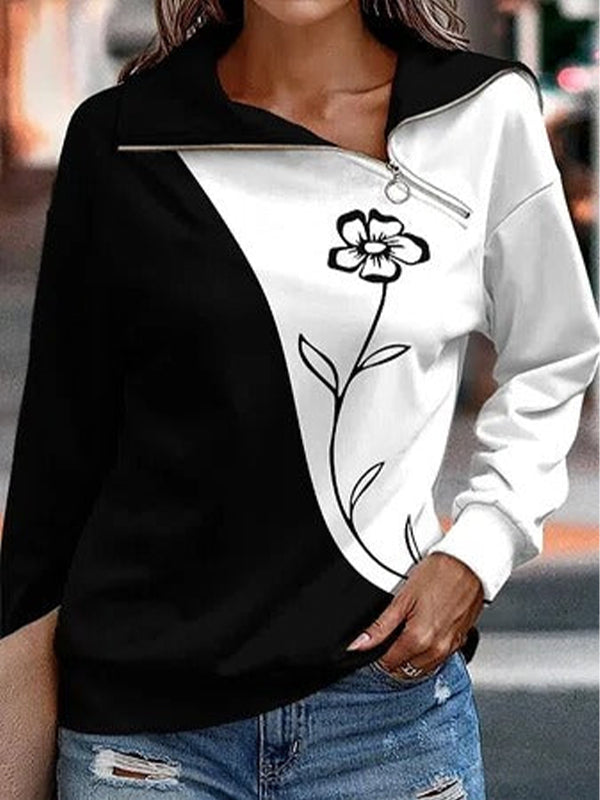 Comfysol Black-white Casual Graphic Tops Lapel Long Sleeve Floral Printed Sweatshirts