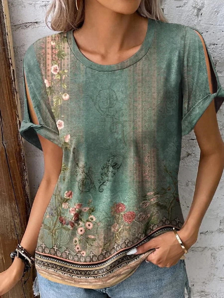 Comfysol Green Casual Round Neck Floral Printed Short Sleeve Blouse