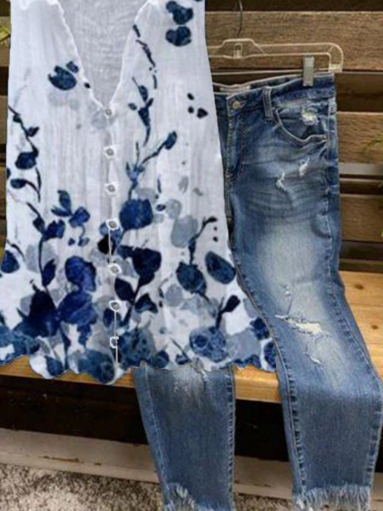 Comfysol Casual Summer V-neck Floral Print Sleeveless Blouse