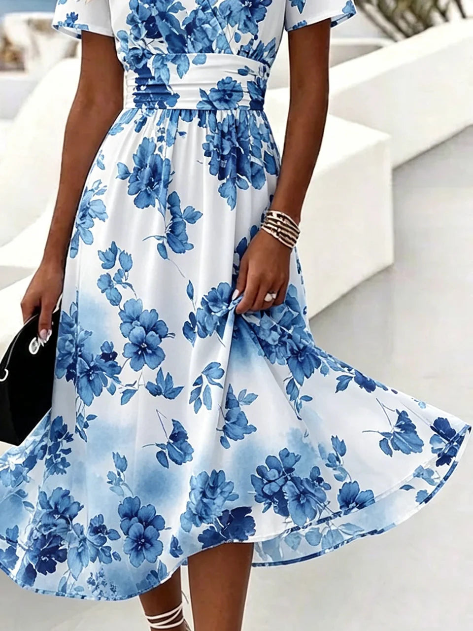Women's Summer V-neck Short Sleeve Floral Print Waist Cinched Dress
