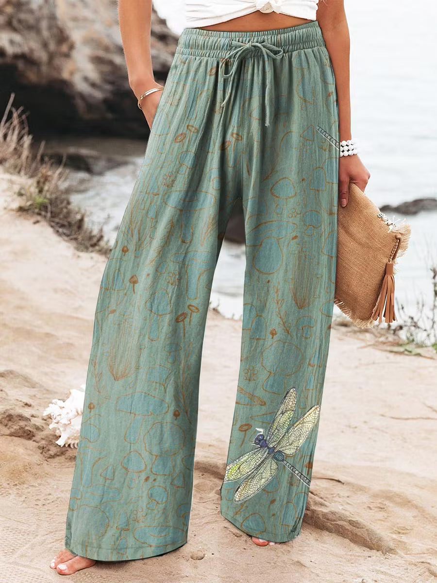 Women's Retro Dragonfly Print Cotton Linen Casual Pants