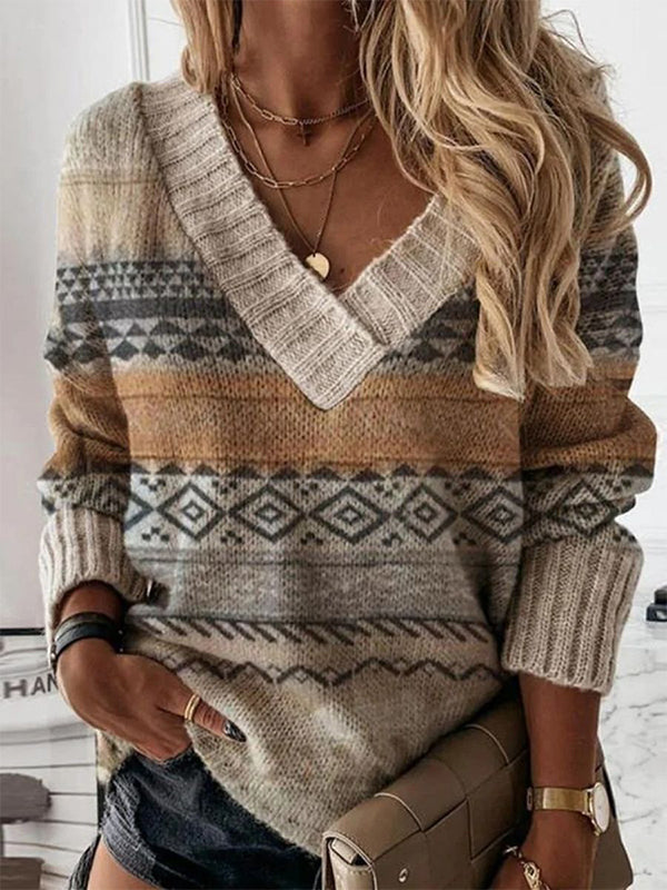 Comfysol Grey Casual Graphic Tops V-neck Long Sleeve Geometric Printed Sweaters