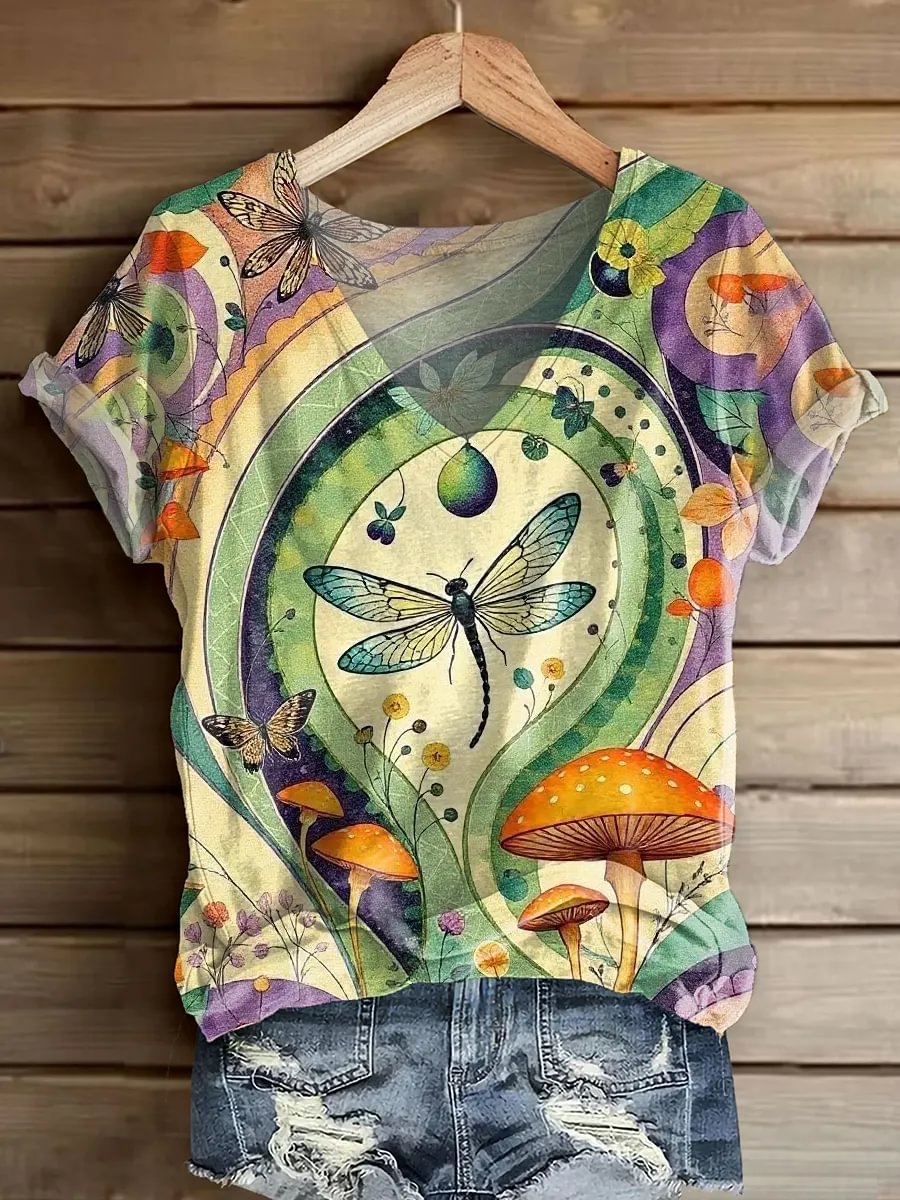 Women's Short-sleeve V-neck Top With Artistic Dragonfly And Mushroom Print
