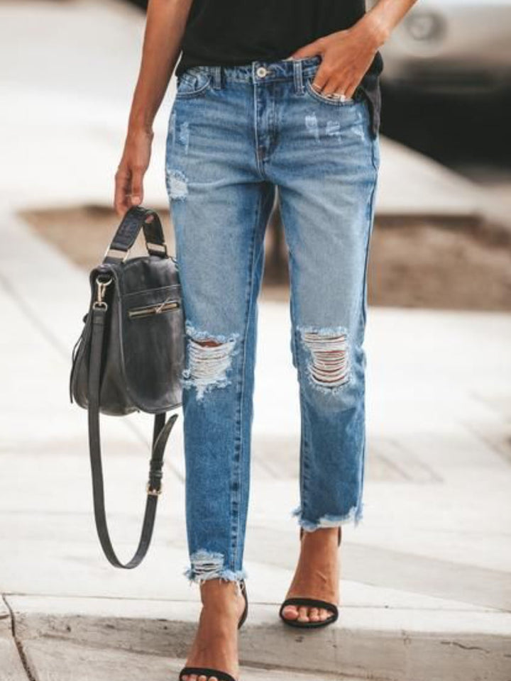 Comfysol Stylish Distressed Ripped Jeans with Frayed Hem