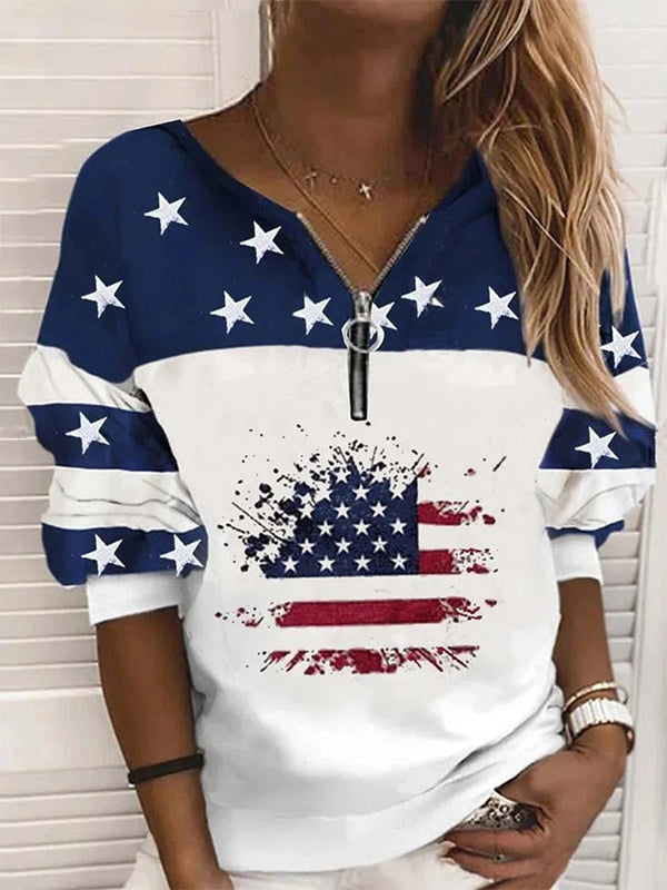 Comfysol Blue Casual V-neck Long Sleeve American US Flag Printed Sweatshirts