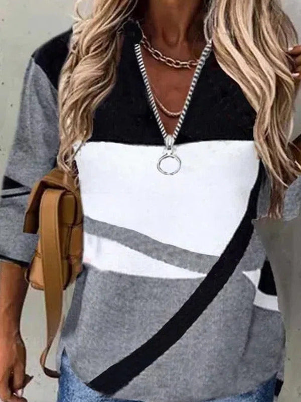 Comfysol Multicolor Casual Graphic Tops V-neck Long Sleeve Patchwork Printed Sweatshirts