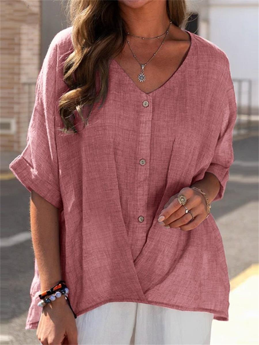 Comfysol Coral Casual V Neck Soild Half Sleeve Blouse