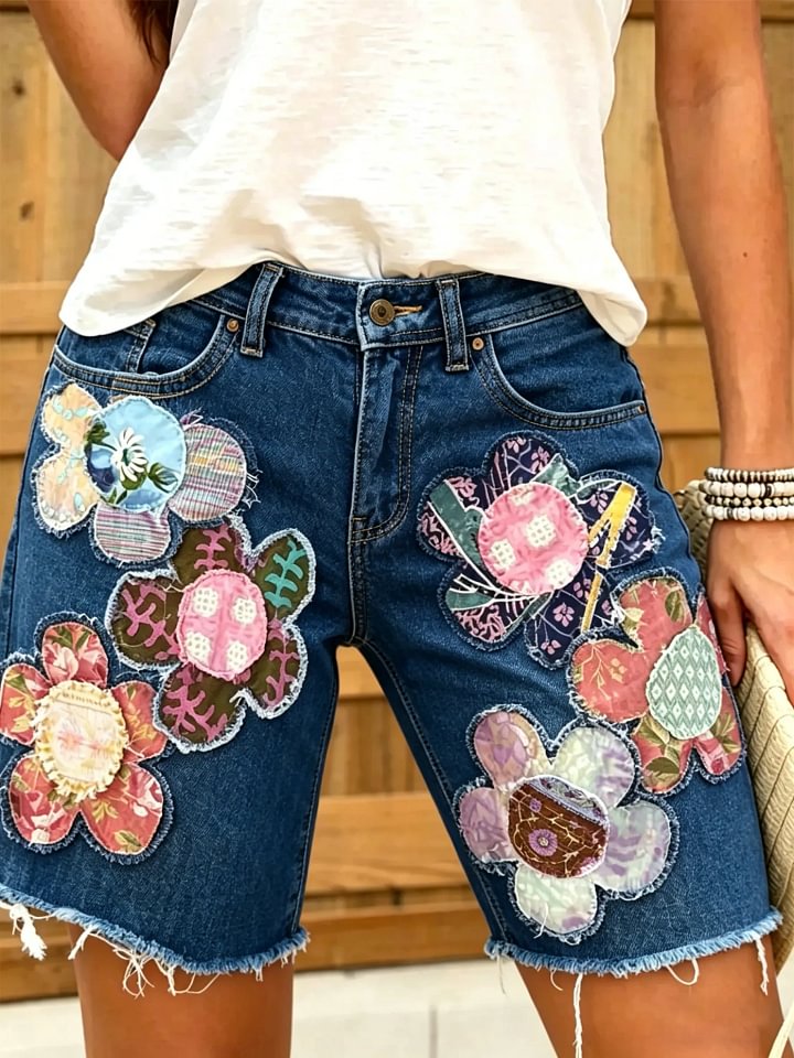 Women Ethnic Floral Print Denim Shorts