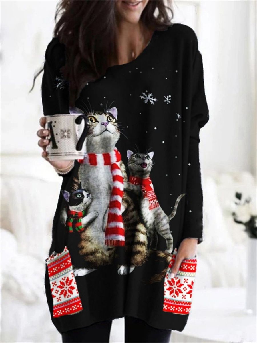 Comfysol Black Casual Graphic Tops Round Neck Snowflake Cat Printed Long Sleeve Sweatshirts