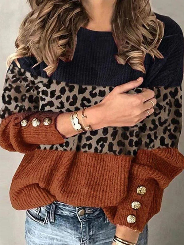 Comfysol Multi Casual Graphic Tops Round Neck Long Sleeve Patchwork Printed Sweaters