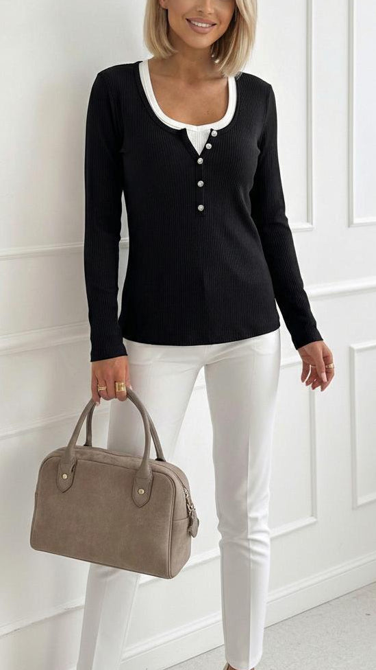Black White Trimmed Collar & Hem Long Sleeve Top