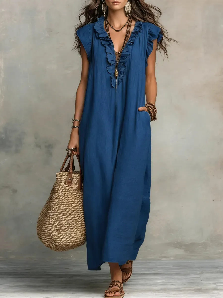 Elegant Ruffled Cotton Linen Dress – Casual Loose Fit Midi Dress