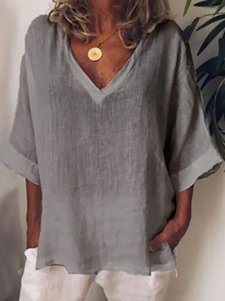 Comfysol Grey Casual V Neck Solid Half Sleeve Blouse