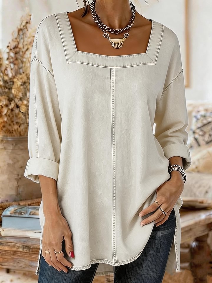 Women's Casual Long-sleeved Square Neck Denim Top