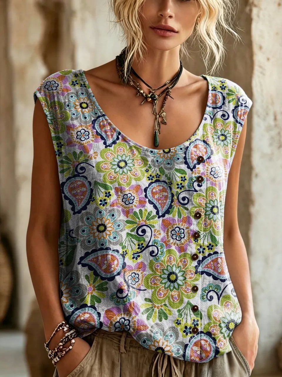 Women's Paisley Floral All-Over Print Button Detail Sleeveless Top